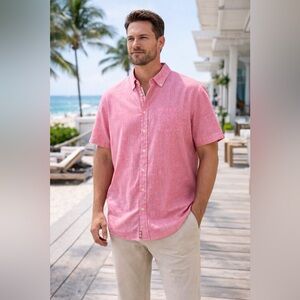 TailorByrd Pink Linen Cotton Button Down Shirt Mens 3XL Short Sleeve